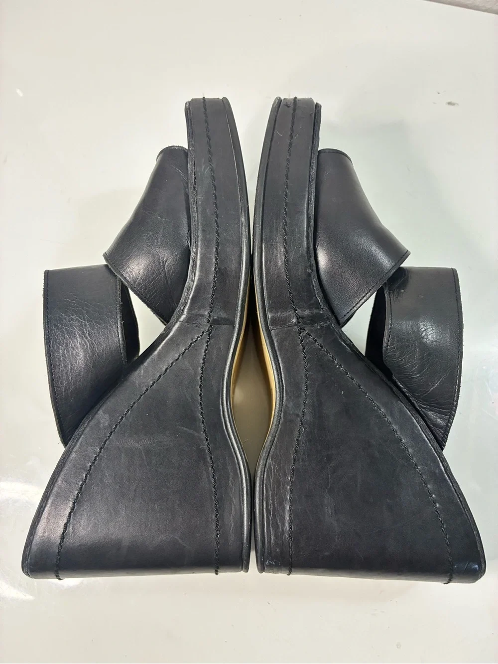 VTG Privilege Paris 40 Women’s 90s Black Leather Platform Wedge Slide Sandals